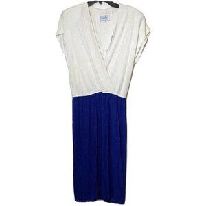 Leslie Fay Vintage A-Line Sheath Knit Dress White Blue M V-Neck 60s 70s USA